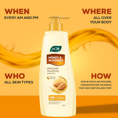 Joy Honey & Almonds Advanced Nourishing Lightweight Winter Body Lotion 750ml | Enriched With Shea Butter | Natural Sunscreen Filters | 48 Hour Moisture, Suitable for Normal to Dry Skin