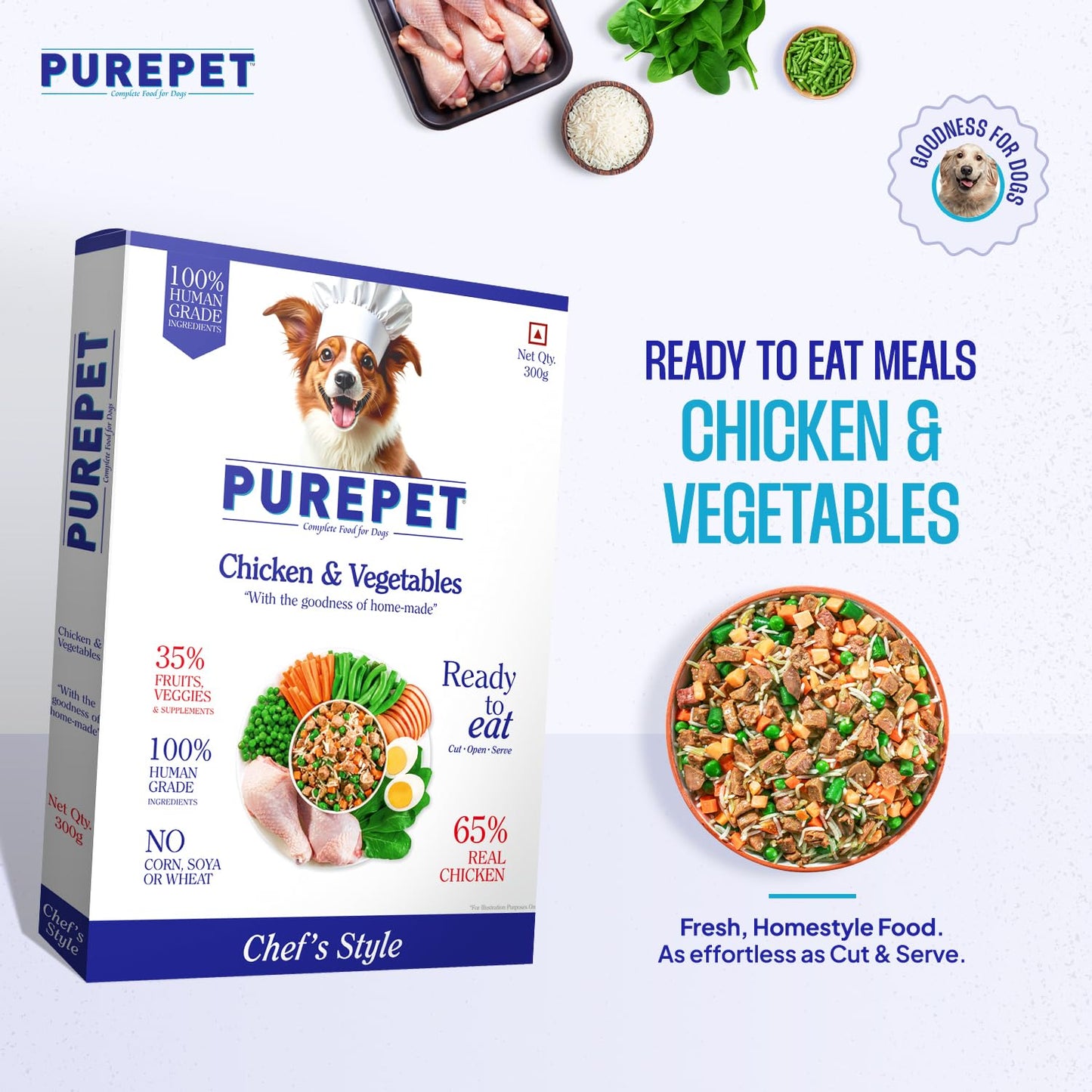 Purepet Fresh Dog Food 300g | Chicken & Vegetables for Adults & Puppies | High Protein, 65% Real Chicken, 35% Fruits & Veggies | No Preservatives | Ready to Serve | All Breeds | Single Meal Pack