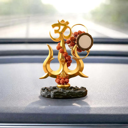 TIED RIBBONS Lord Shiva Trishul with Om & Damru Decorative Idol (Resin, 4.5 Inch) | Rudraksha Beads | Spiritual Home Temple & Office Desk Decor | Gold Finish Car Dashboard Showpiece