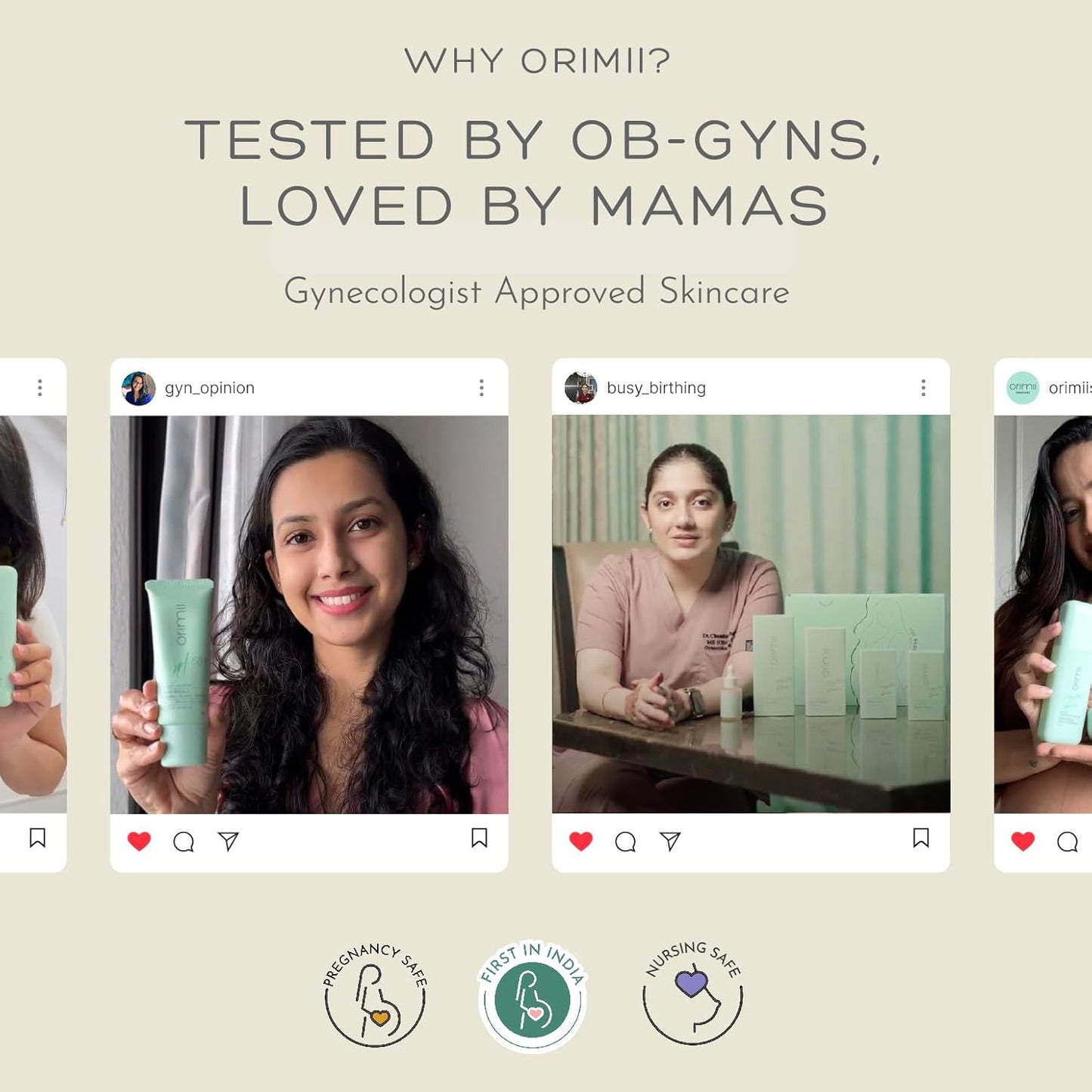 Promotional graphic for ORIMII skincare products, featuring text and images of women using the product.