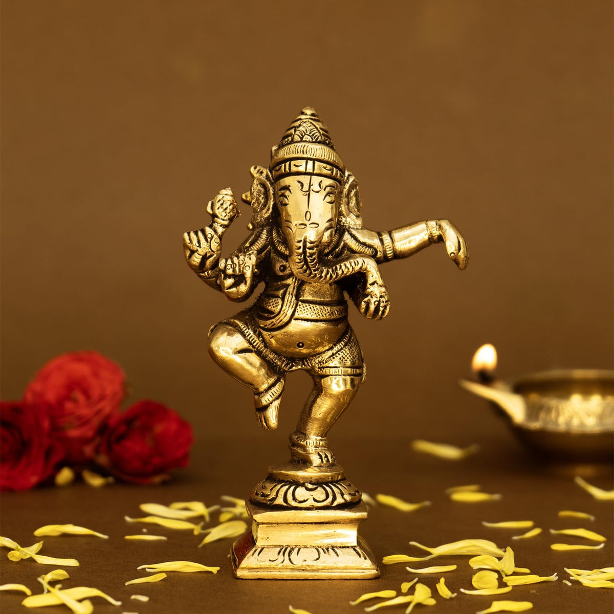 100% Pure Brass Ganesha Idol (Size: 10.5 cm) | Pital Ganesh Murti for Pooja Room, Home Decor, Office Desk and Car Dashboard | Vinayagar Statue for Diwali Puja