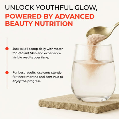 Glass of water with a scoop of powder being poured into it, promoting advanced beauty nutrition.