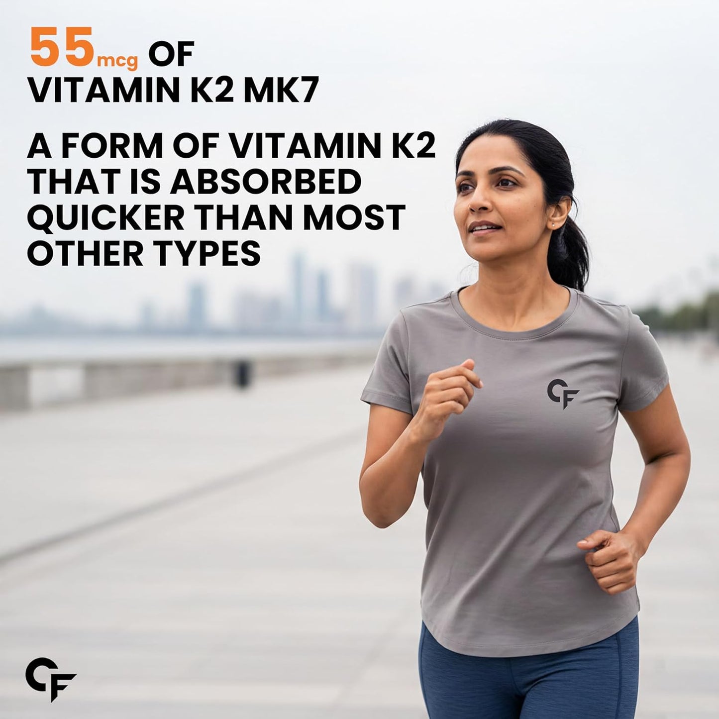 Woman running outdoors with text about Vitamin K2 MK7 supplement