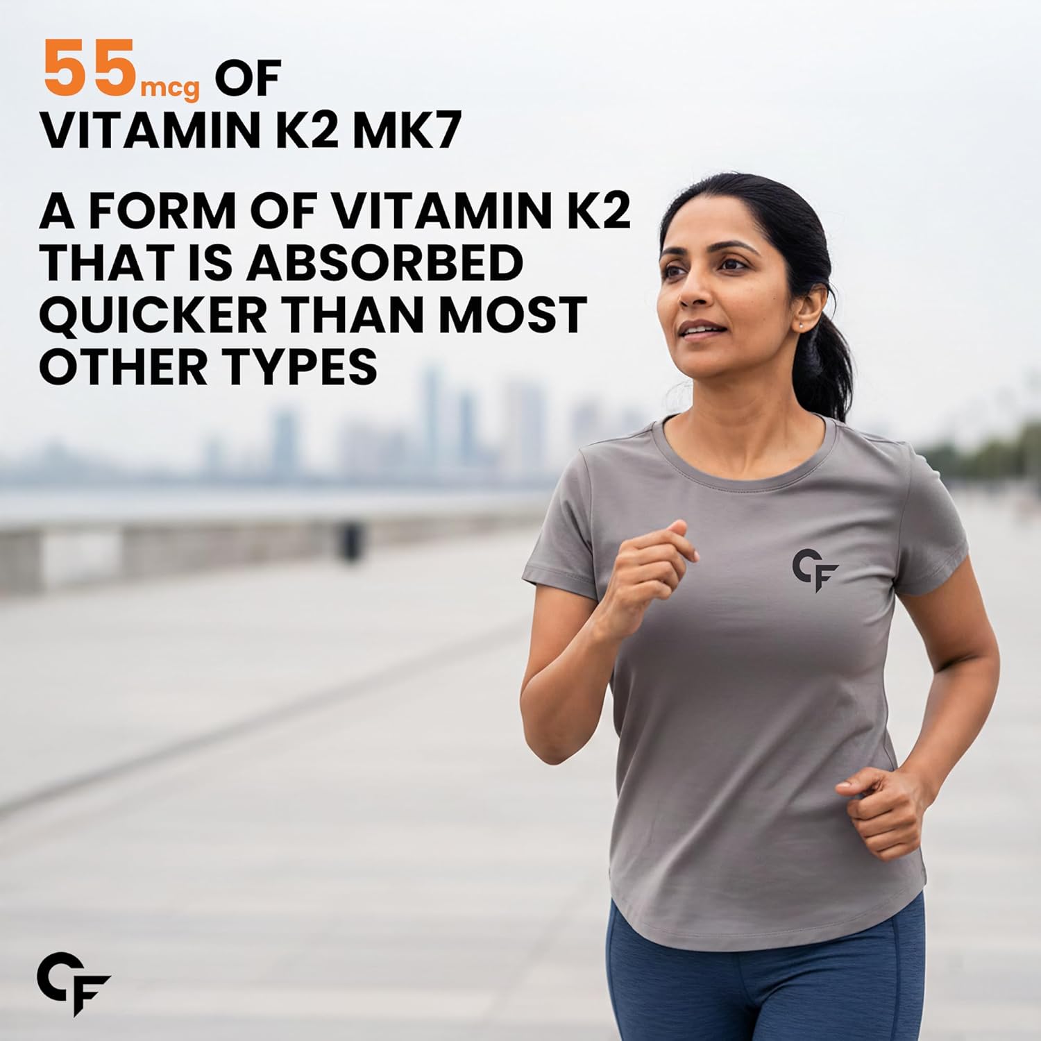 Woman running outdoors with text about Vitamin K2 MK7 supplement