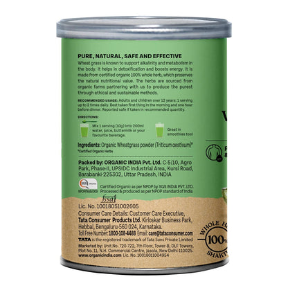 A TATA Product - Organic India Wheat Grass - 100g, Supports Immunity & Boosts Stamina, Rich in Natural Antioxidants, Vitamins & Minerals, For Detox, Overall Well-Being, GMP & NPOP Certified Organic