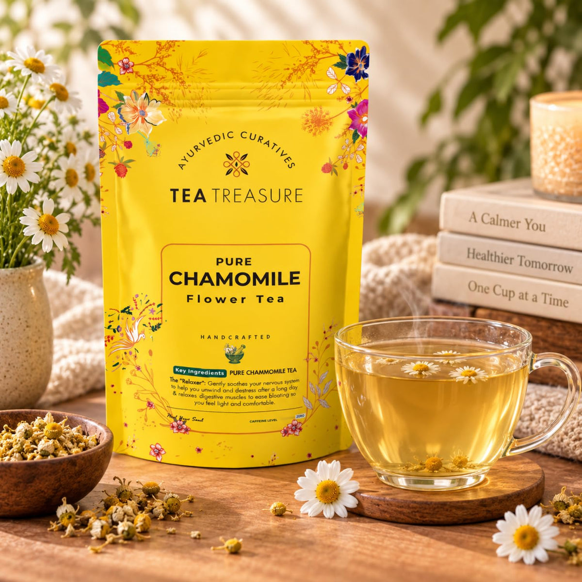Tea Treasure Chamomile Flower Tea - 100g | Pure Natural Dried Chamomile Flowers | Caffeine-Free Herbal Tea | Non-Bitter | Sleep & Relaxation |Stress Relief | Soothing Bedtime Herbal Infusion