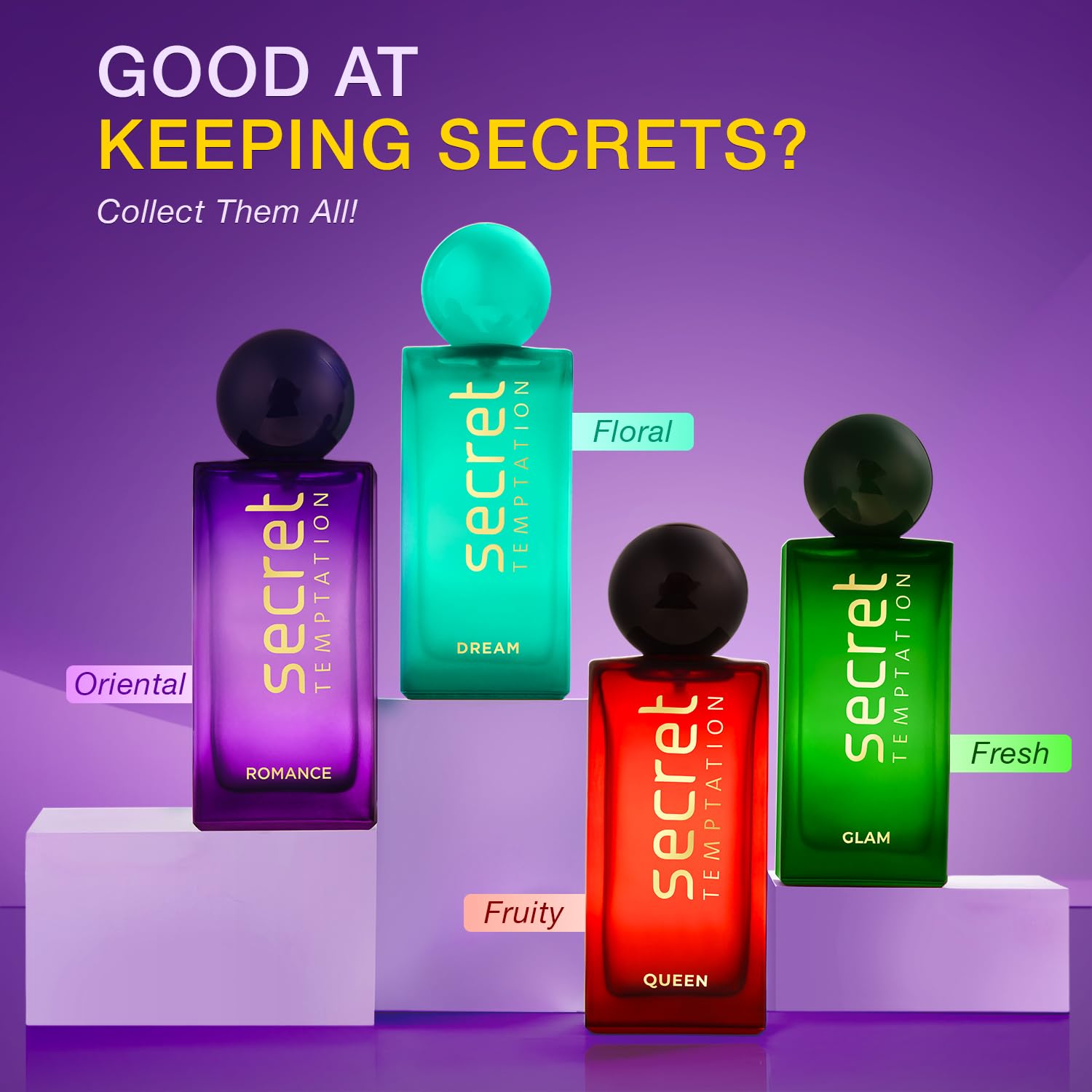 Four Secret Temptation perfume bottles on a purple background with text about keeping secrets.