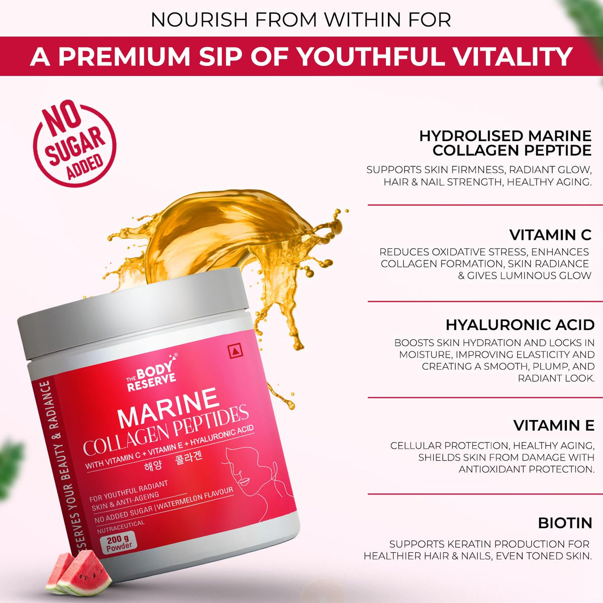 Product packaging of 'The Body Reserve Marine Collagen Peptides' with ingredients listed on a white background.