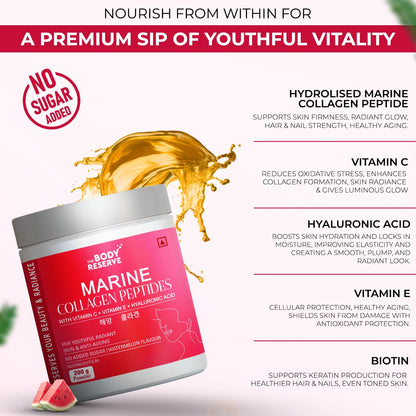 Product packaging of 'The Body Reserve Marine Collagen Peptides' with ingredients listed on a white background.