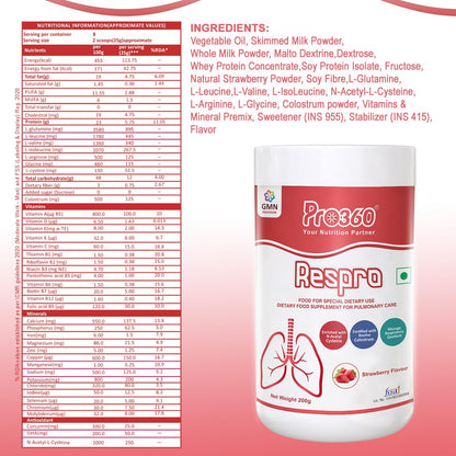 Pro360 Respro Nutritional Protein Supplement Powder with N-Acetyl L-Cysteine (NAC) for Pulmonary Care - Strawberry Flavor - 200g