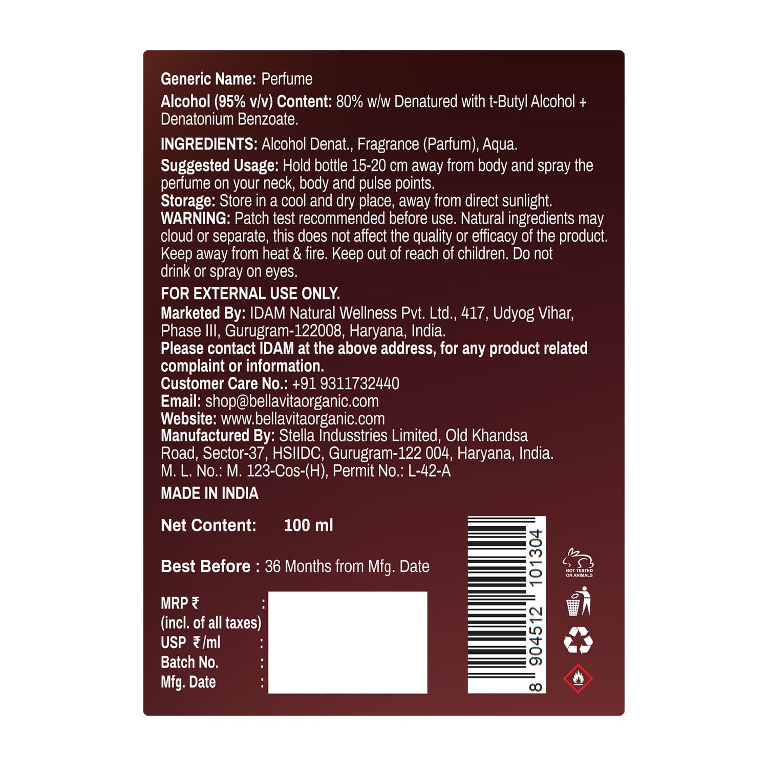 Back label of a perfume bottle with text and product details.