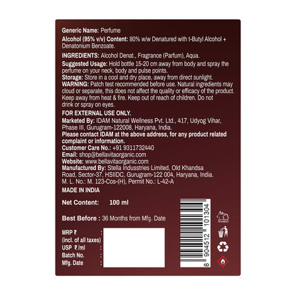 Back label of a perfume bottle with text and product details.