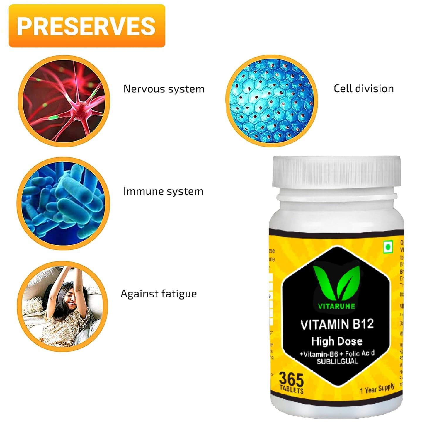 VITARUHE® Vitamin B12 High Dose+ B6/Folic Acid, 365 Tablets Methylcobalamin & Sublingual for Maximum Effects, Vegan, 365 Tablets for 1 year Mango Flavour