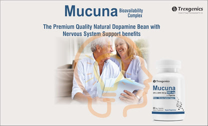 Advertisement for Mucuna supplement with an elderly couple and Trexgenics branding.