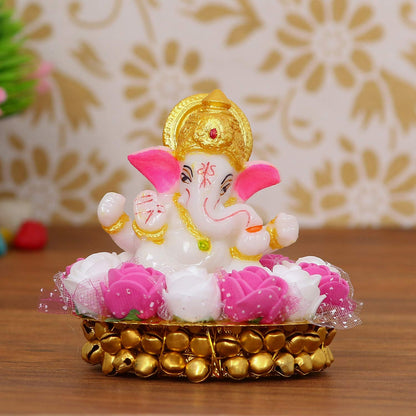 Lord Ganesha Idol on Decorative Handcrafted Plate with Pink and White Flowers