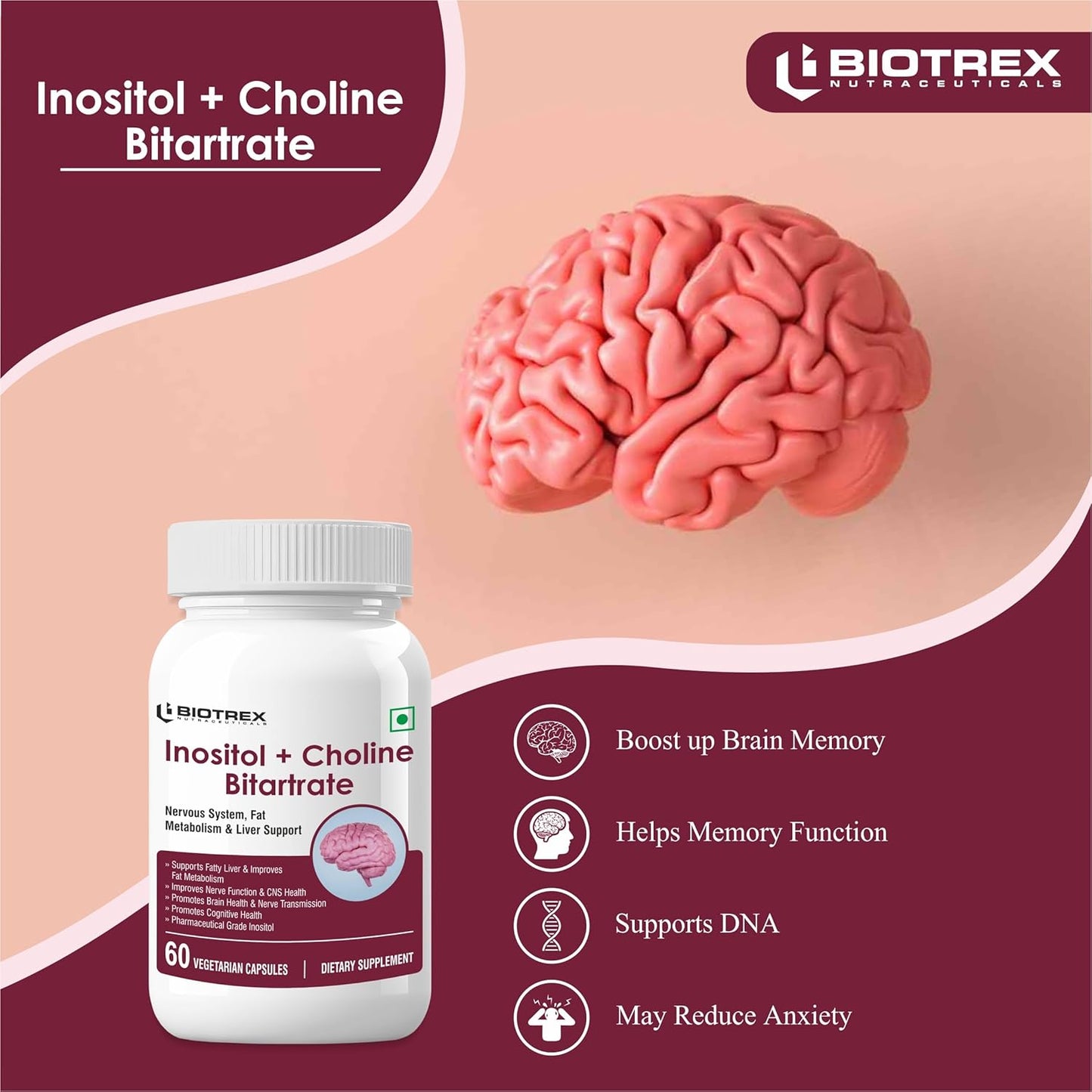 Biotrex Nutraceuticals Myo Inositol & Choline Bitartrate 750mg Complex, Healthy Brain & Nervous System, 99% High Purity Grade Inositol - 60 Vegetarian Capsules