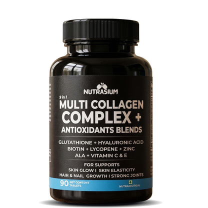Nutrasium Multi Collagen With Glutathione For Skin Radiance, Skin Firmness & Glow Added Hyluronic acid & Vitamin C & E | 90 Tablets