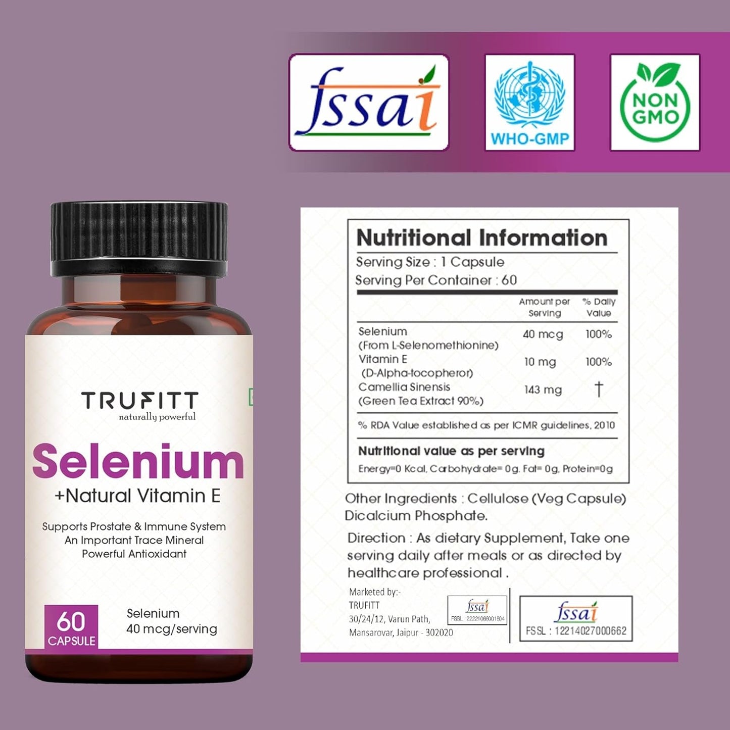 Selenium Capsules 40Mcg + Vitamin E 10Mg, With Green Tea Extract- Optimal Health, Antioxidant Supplement With Superior Absorption (60 Capsules)