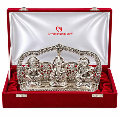 Silver Plated Laxmi Ganesh Saraswati God Idol Statue Oxidized Finish with Beautiful Velvet Box Packing and with Carry Bag (29cm x 18cm x 7cm), Religious