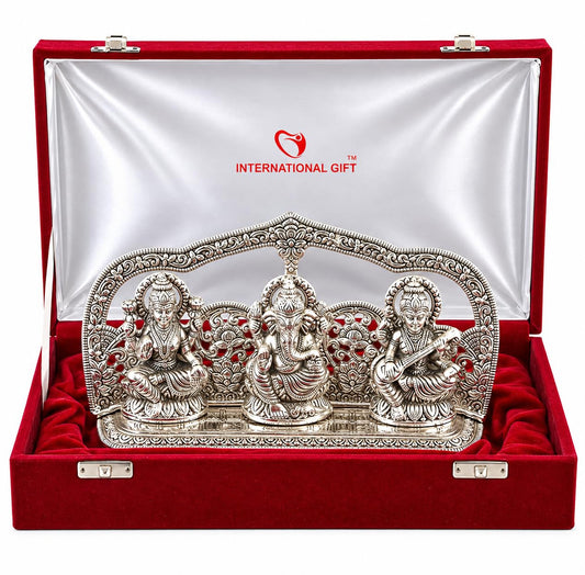 Silver Plated Laxmi Ganesh Saraswati God Idol Statue Oxidized Finish with Beautiful Velvet Box Packing and with Carry Bag (29cm x 18cm x 7cm), Religious
