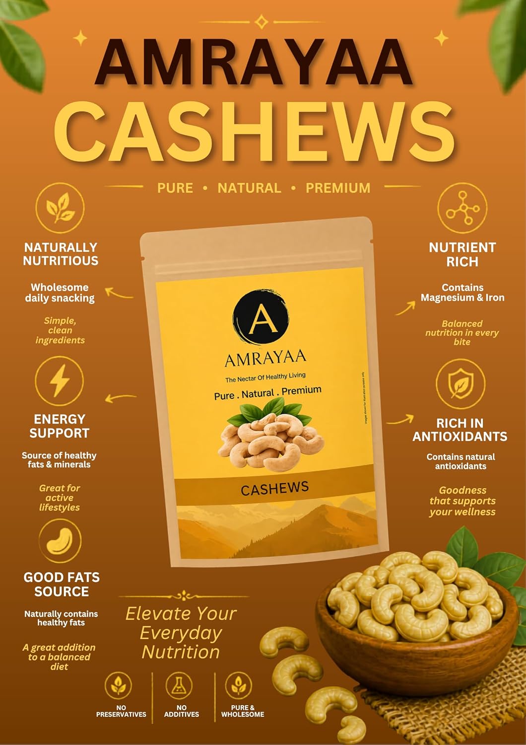 AMRAYAA W320 Premium Whole Cashews | Unpolished, Unsalted & Natural Kaju Nuts | Crunchy Deluxe Size | Antioxidant Rich Healthy Snack | High Protein, Iron, Magnesium, Zinc & Phosphorus