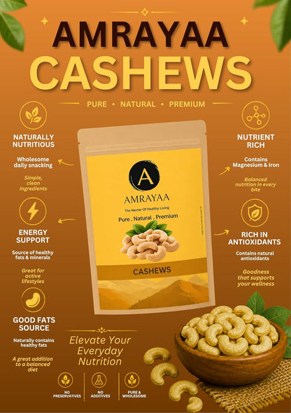 AMRAYAA W320 Premium Whole Cashews | Unpolished, Unsalted & Natural Kaju Nuts | Crunchy Deluxe Size | Antioxidant Rich Healthy Snack | High Protein, Iron, Magnesium, Zinc & Phosphorus