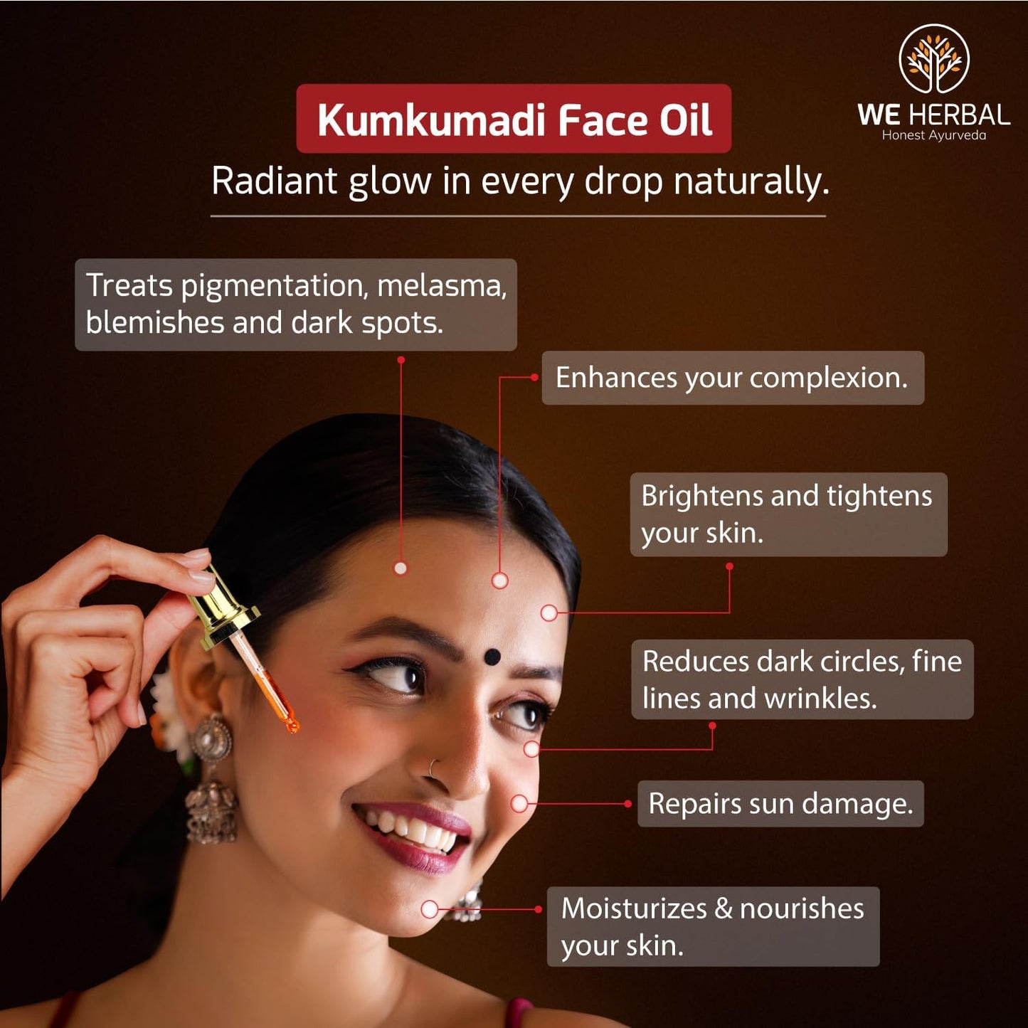 WeHerbal Kumkumadi Face Oil 10ml, Ayurvedic Brightening & Anti-Ageing Serum with Saffron, Turmeric & Sandalwood, Repairs Pigmentation & Fine Lines, No Added Colour or Fragrance