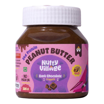 Nutty Village Dark Chocolate Peanut Butter Creamy | 24g Protein | Sweetened with Jaggery, Cacao Beans, No Refined Sugar, No Palm Oil | Vegan, & Gluten-Free Healthy Breakfast Spread