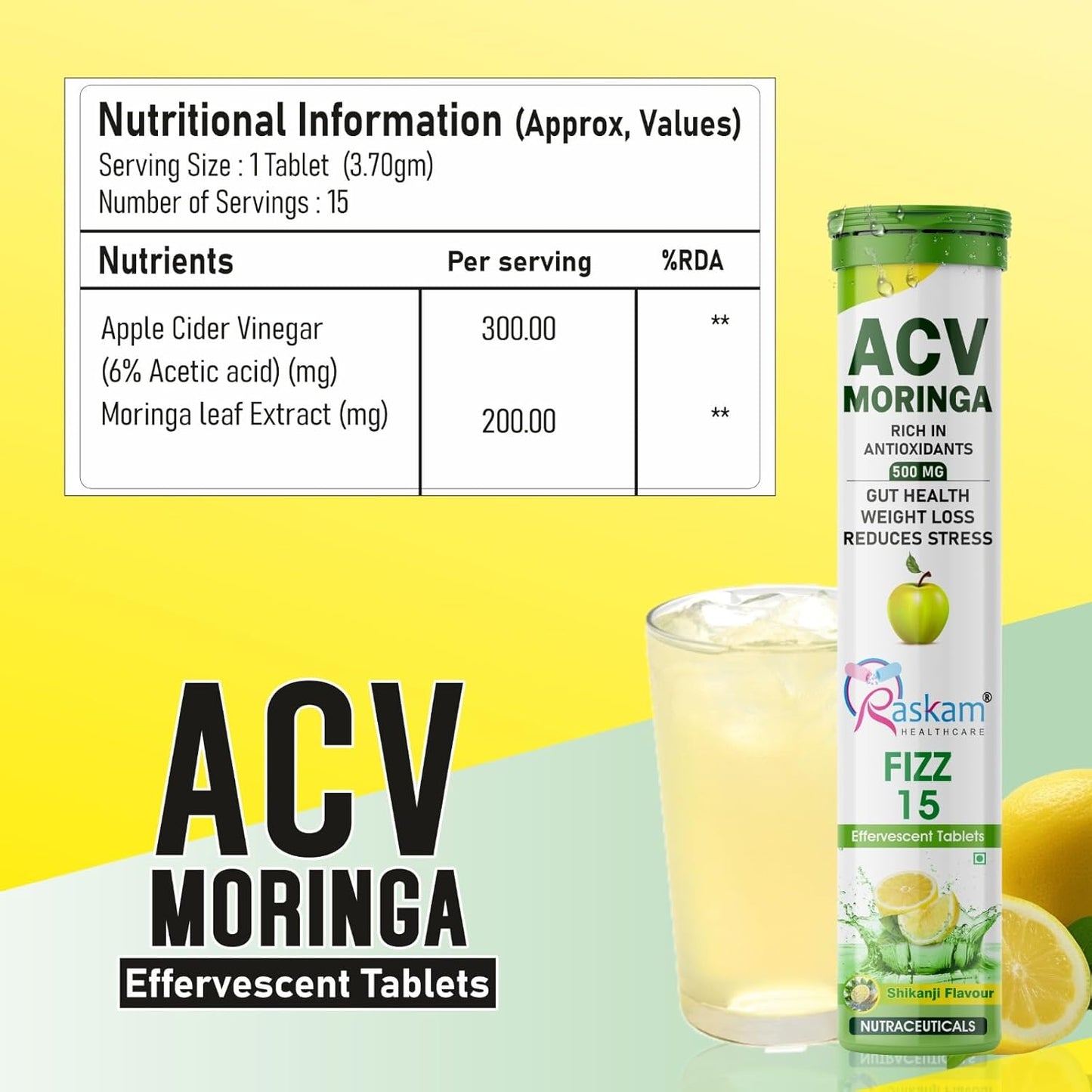 ACV Moringa Effervescent Tablets | 15 Tablets, 500mg Natural Energy & Immunity Booster with Antioxidants (Shikanji)