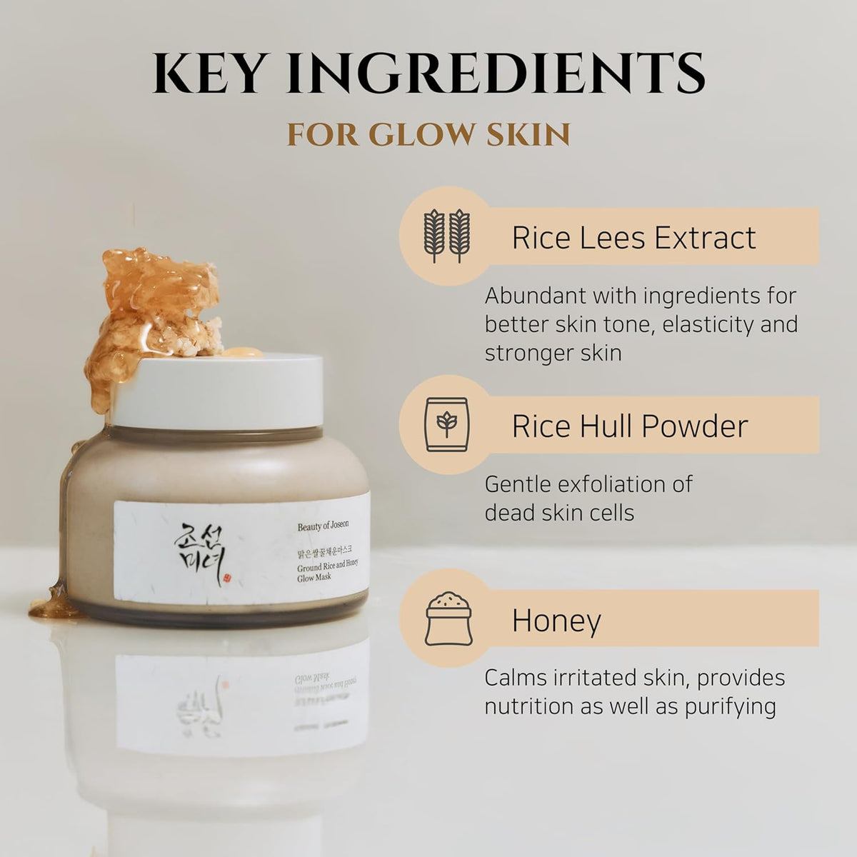 Skincare product with key ingredients for glow skin displayed on a light background