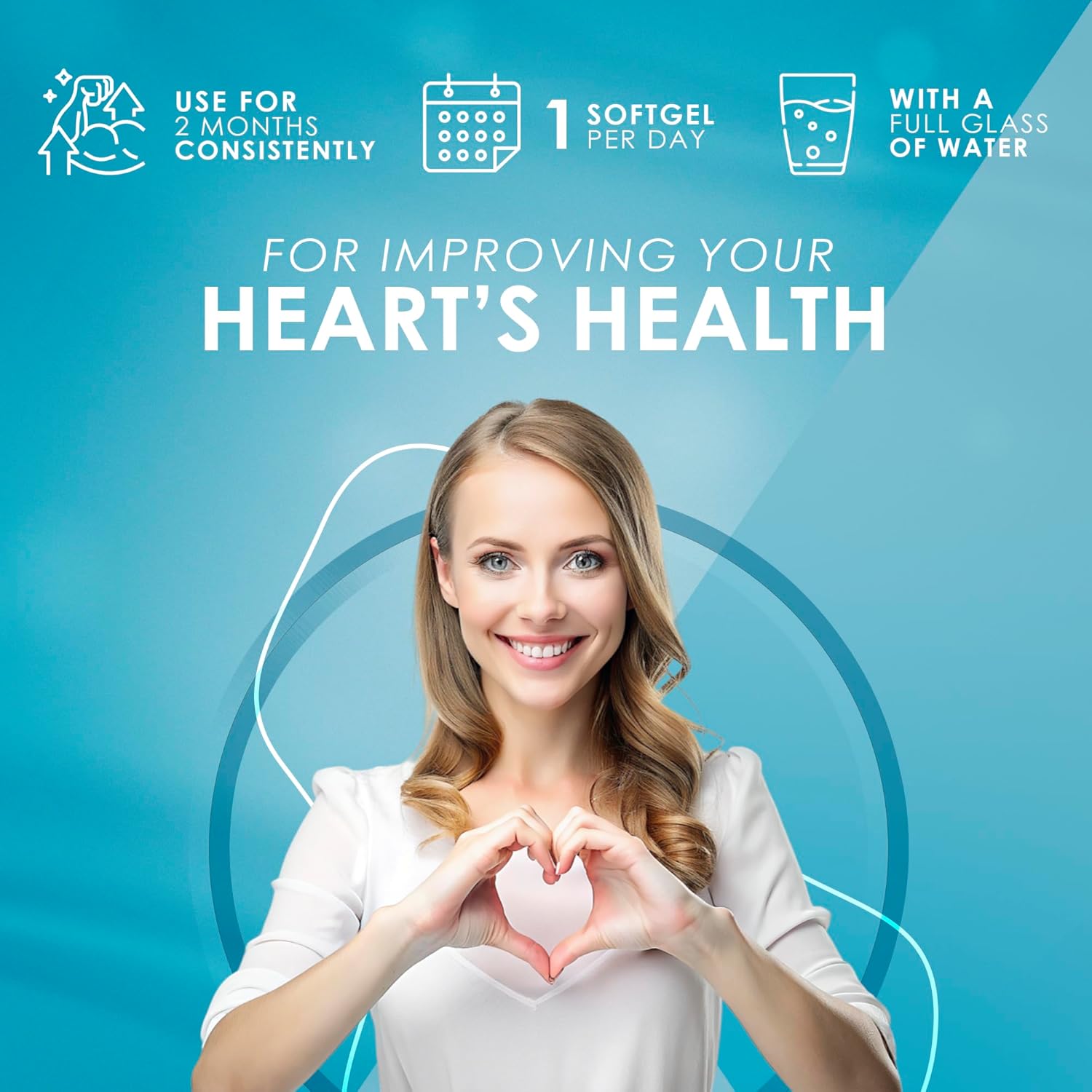 Advertisement for a heart health supplement with a woman making a heart shape with her hands on a blue background.