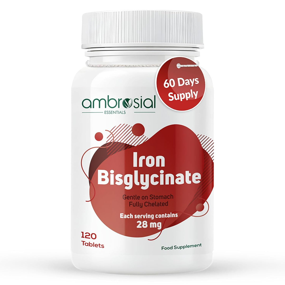 Supplement bottle labeled 'Iron Bisglycinate' by ambrosial on a white background