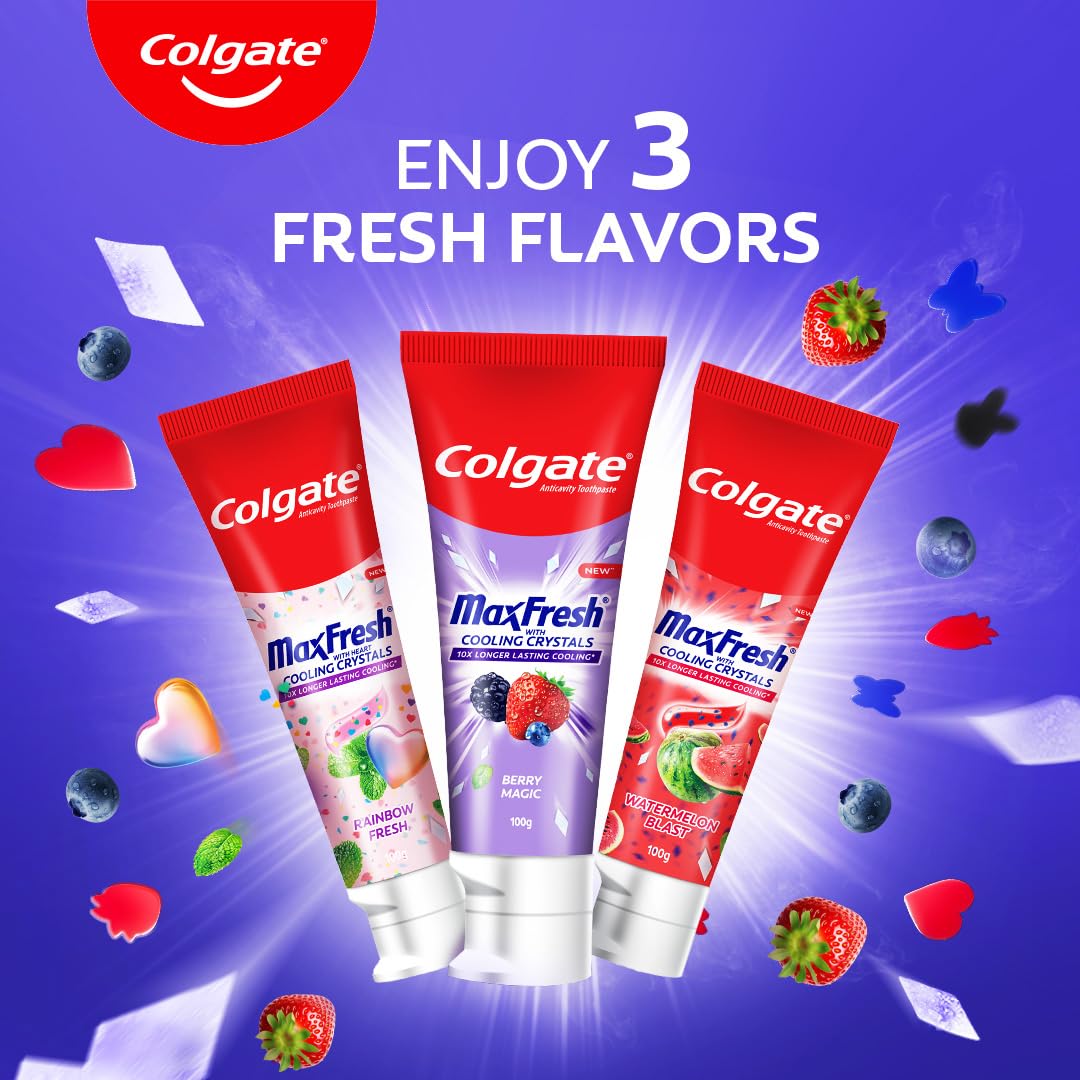 Colgate MaxFresh Berry Magic Fluoride Toothpaste, Berry Flavoured Gel Toothpaste with Ultrafreeze Technology for Intense Freshness, 10x Longer-lasting Cooling 200 gm (Pack of 2 x 100g)