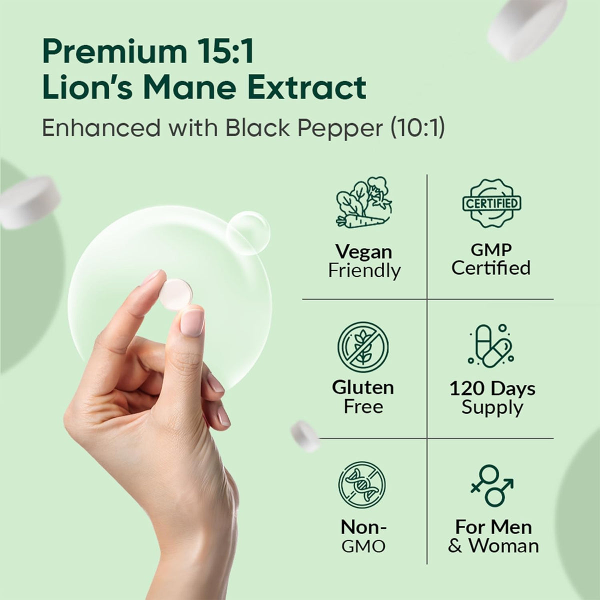 Hand holding a supplement capsule with product details on a green background