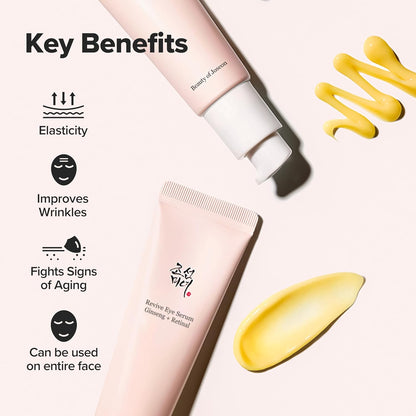 Pink eye serum tube with key benefits listed on a light background