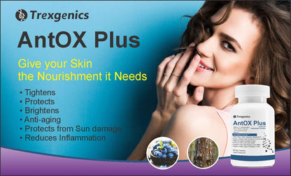 Advertisement for Trexgenics AntOX Plus skin care product with a woman and product packaging.