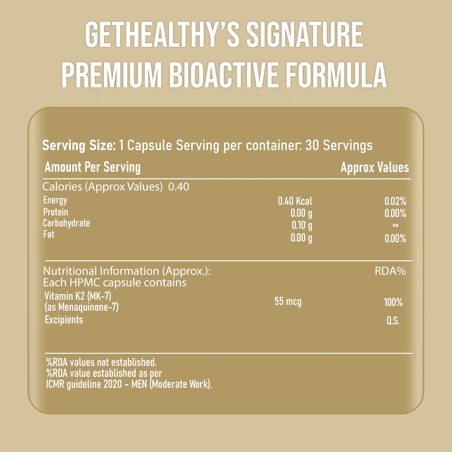 Nutritional label for GetHealthy's Signature Premium Bioactive Formula on a beige background