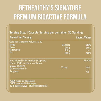 Nutritional label for GetHealthy's Signature Premium Bioactive Formula on a beige background