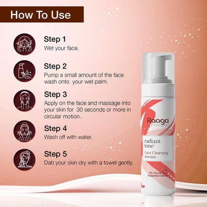 Raaga Professional Radiant Tone Face Cleansing Mousse with 3% Glycolic Acid and Japanese Sakura | Paraben Free, Sulphate Free, Dermatologically Tested (100 ml)