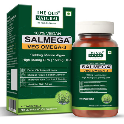 The Old Natural Salmega Veg Omega 3 Algal Oil Capsules – 1600mg Marine Algae Omega (450mg EPA & 150mg DHA) | Plant Based Omega 3 Supplement | Vegetarian DHA for Heart, Brain, Joint & Immunity Support | 60 Veg Capsules