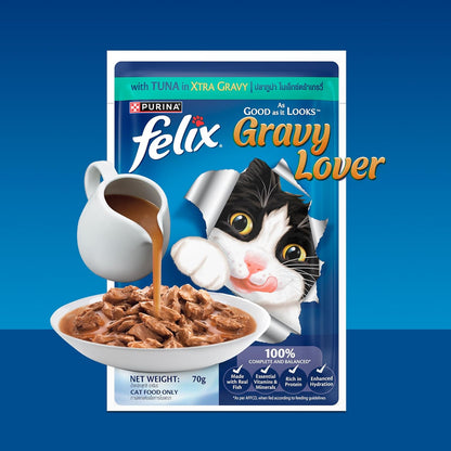 Purina Felix Tuna Gravy Lover, Wet Food for Adult Cats, 70g Pouch | With Tuna in Gravy, Tasty Meaty Chunks, 100% Complete & Balanced Nutrition, Vitamins D & E, Omega 6, Essential Minerals