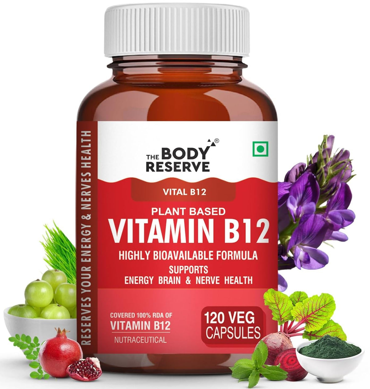 Body Reserve Vitamin B12 supplement bottle with red label and white cap on a white background