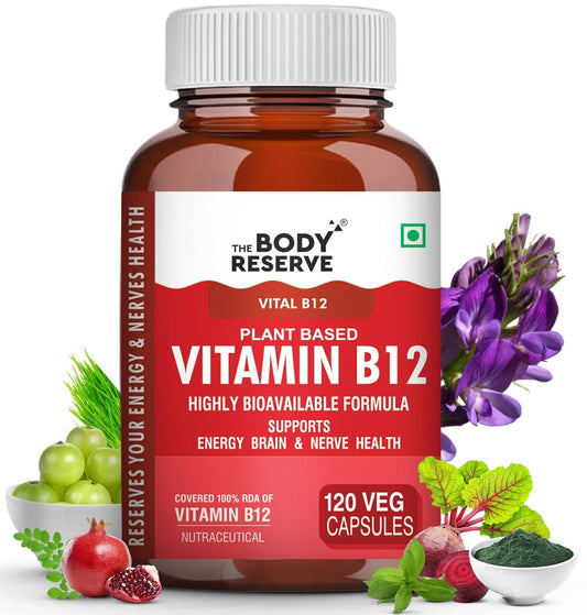 Body Reserve Vitamin B12 supplement bottle with red label and white cap on a white background