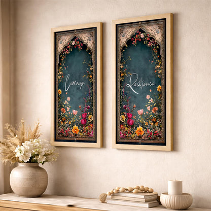 Motivational Floral Wall Art Set of 2 with Frame, Courage & Resilience Quote Prints, Vintage Botanical Arch Design, (Art-7, 10x19inch) Wooden Frame