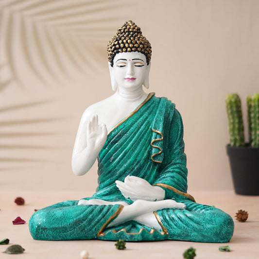 Green Resin Handcrafted Blessing Lord Buddha Idol | Serene Home, Office Decor | Perfect for Offices, Meditation Rooms | Gift for Housewarmings, Diwali