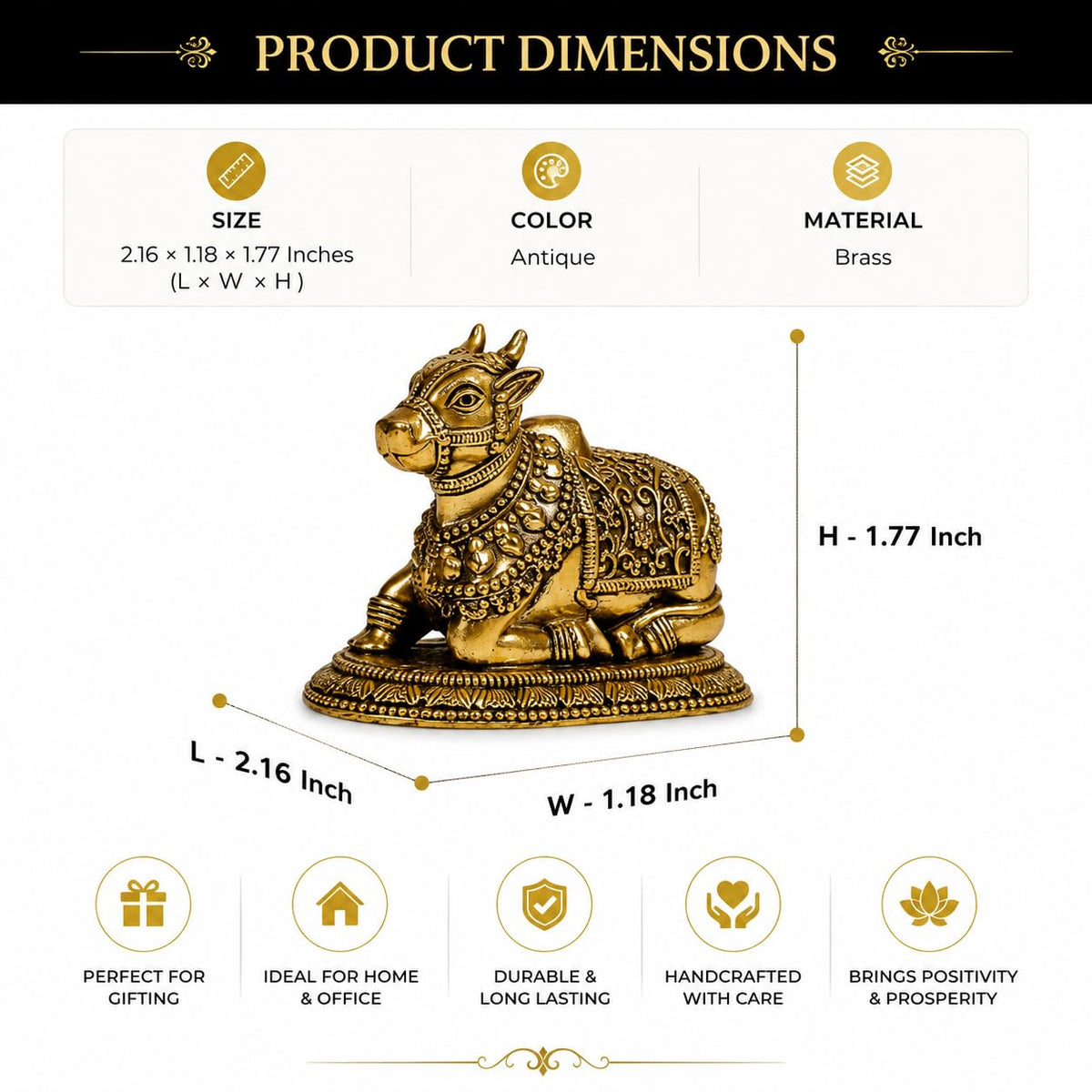 2" Brass Nandi Idol for Home Temple & Pooja Room | Handmade Nandi Statue for Shiv Pooja, Meditation & Spiritual Decor | Pure Brass Nandi Murti for Mandir, Shivling & Home Decoration 55 GRAM