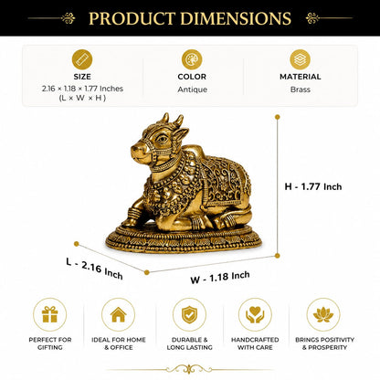 2" Brass Nandi Idol for Home Temple & Pooja Room | Handmade Nandi Statue for Shiv Pooja, Meditation & Spiritual Decor | Pure Brass Nandi Murti for Mandir, Shivling & Home Decoration 55 GRAM