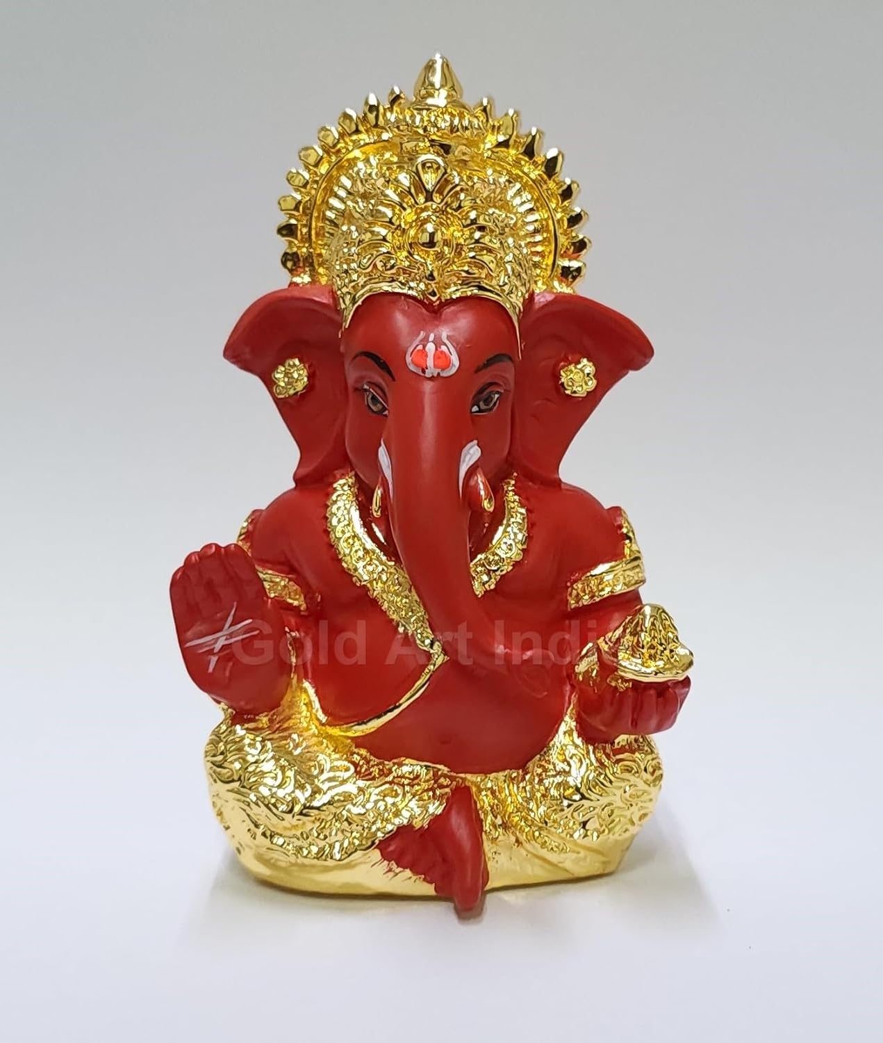 Gold Art India Ganesh Idol for Car Dashboard Ganesha Murti Ganpati Idol for Home Decor Puja Lord Ganesh Statue Gift for Office Desk Puja Room Figurine (Gold and Red, 3 x 3), Ceramic, Idol