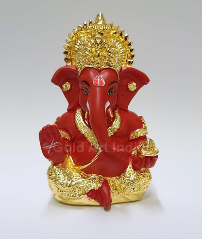 Gold Art India Ganesh Idol for Car Dashboard Ganesha Murti Ganpati Idol for Home Decor Puja Lord Ganesh Statue Gift for Office Desk Puja Room Figurine (Gold and Red, 3 x 3), Ceramic, Idol