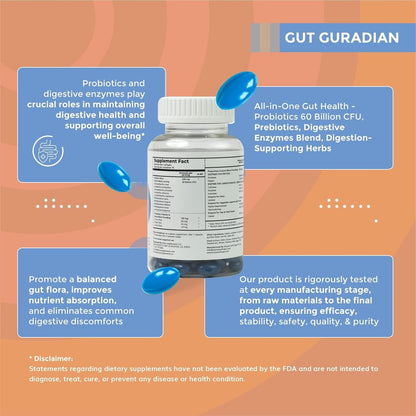 Supplement bottle with blue capsules on an orange background, featuring text about gut health and probiotics.
